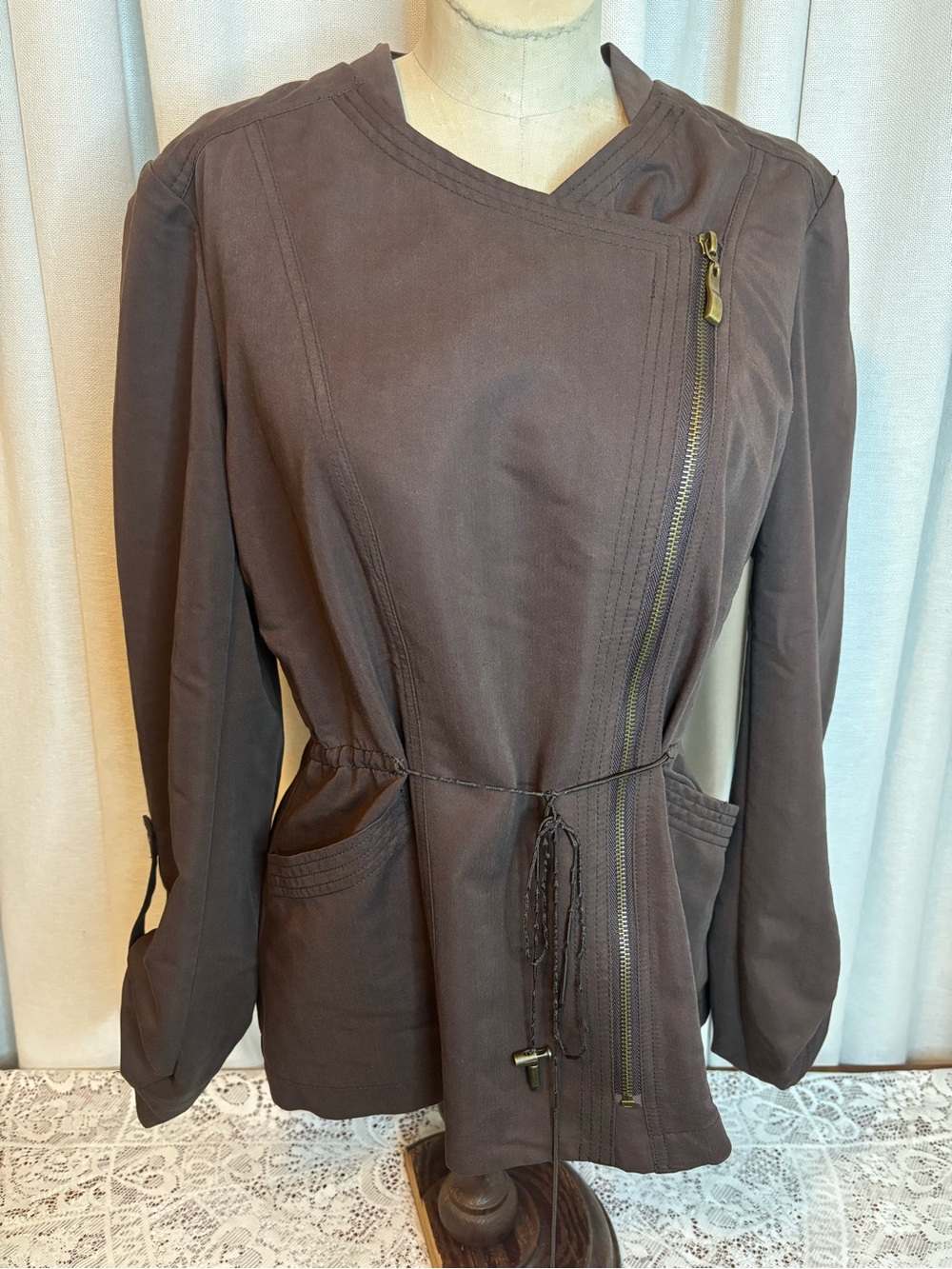 Tribal Asymmetrical Zip Drawstring Jacket in Deep Brown Size 8